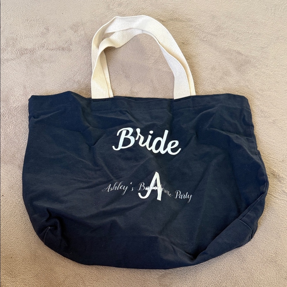 “Ashley” Bride Canvas Tote Bag in Black with White Handles